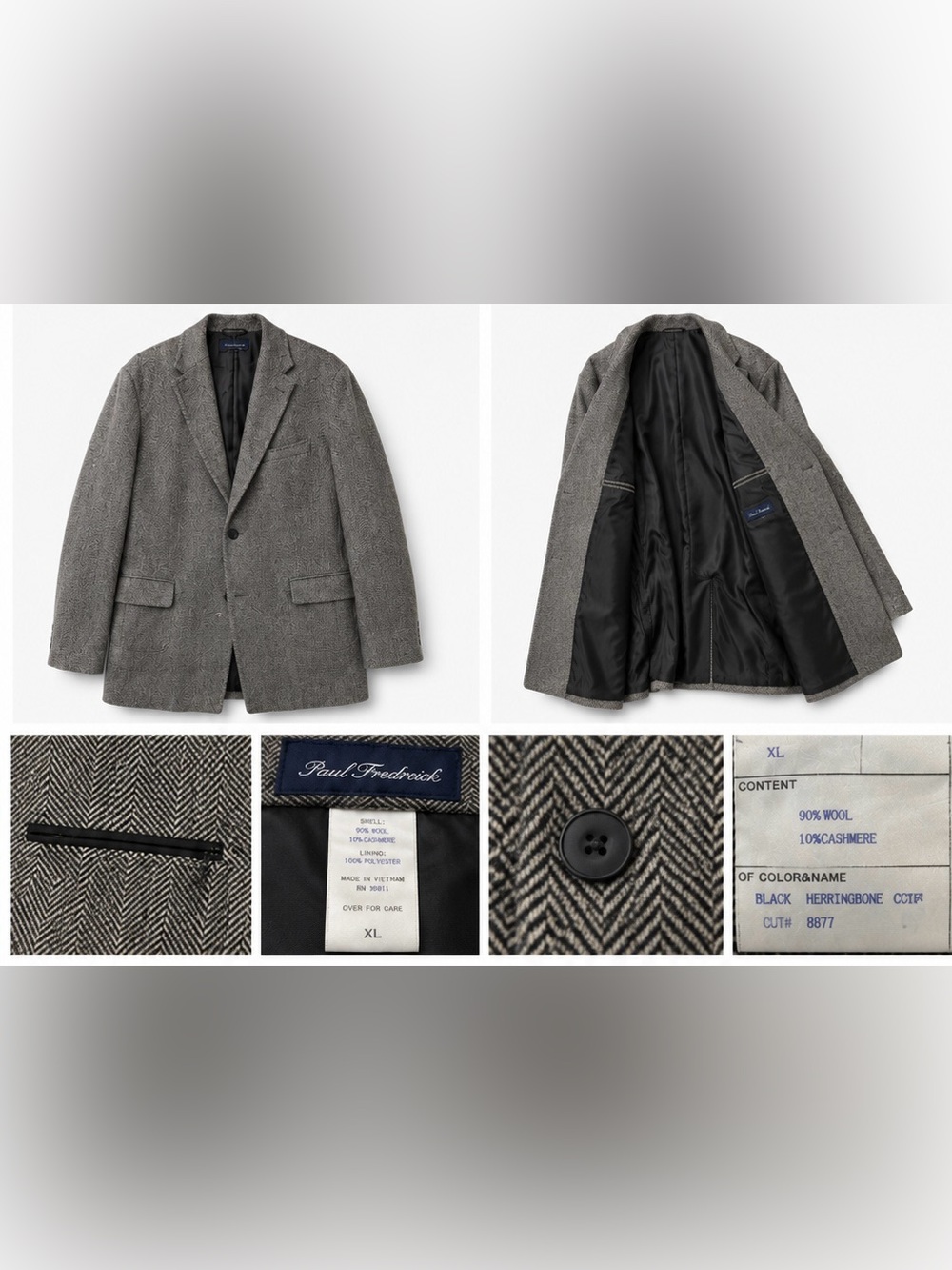 Paul Frederick Men’s Black Herringbone Overcoat Cashmere Blend XL